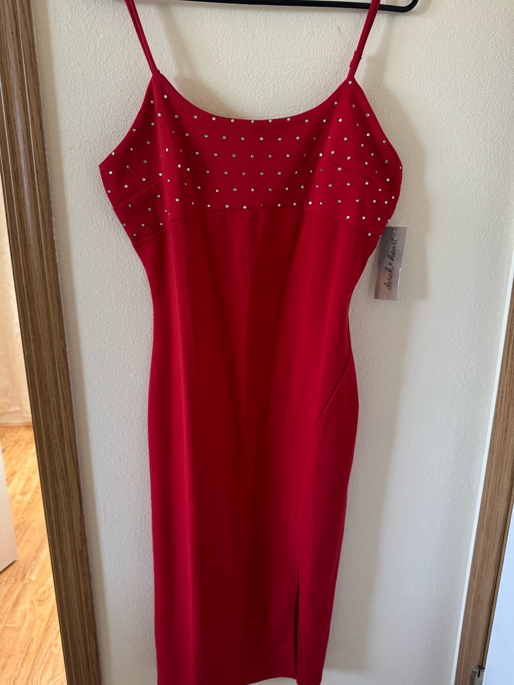Derek Heart Red Midi Dress with Crystal-Studded Bodice